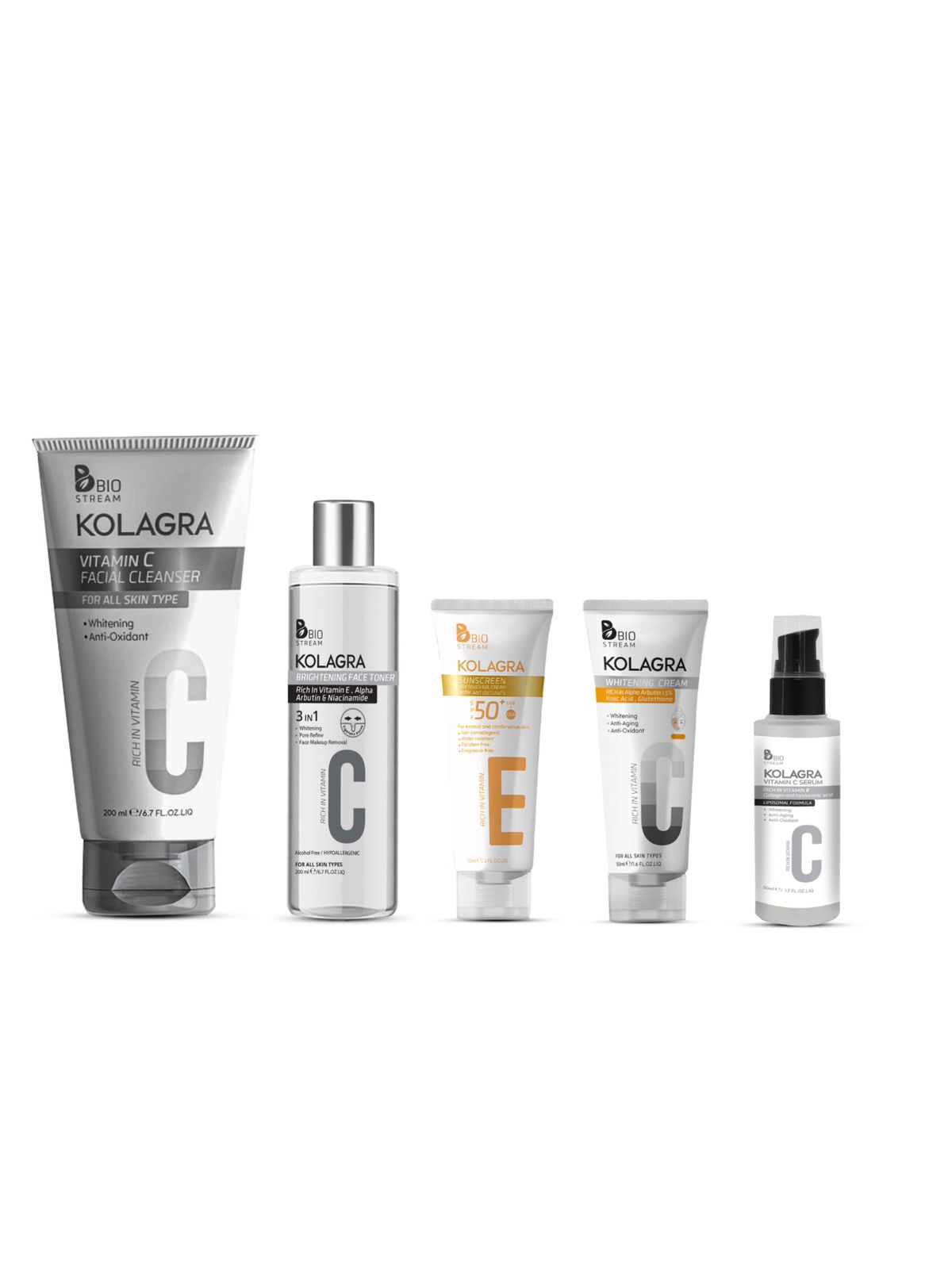kolagra facial wash+Toner+ sunscreen Spf50+ + whitening Cr + Vitamin C serum